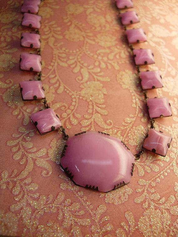 Antique Pink Slag glass deco necklace with open backs