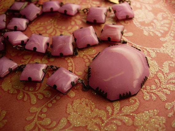 Antique Pink Slag glass deco necklace with open backs