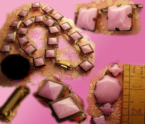 Antique Pink Slag glass deco necklace with open backs