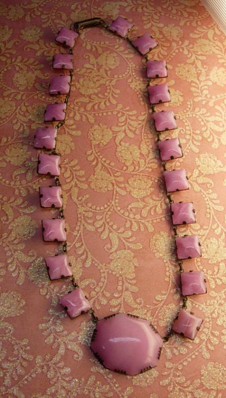 Antique Pink Slag glass deco necklace with open backs