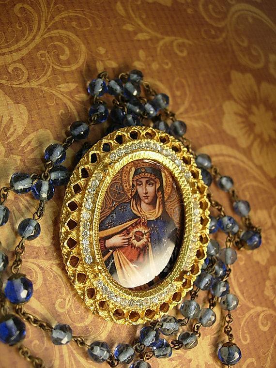Antique Rosary Vintage Sacred Heart pendant brooch