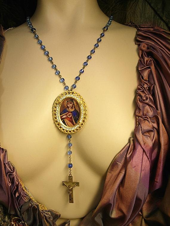 Antique Rosary Vintage Sacred Heart pendant brooch