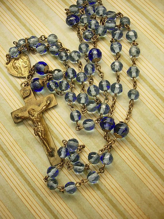 Antique Rosary Vintage Sacred Heart pendant brooch