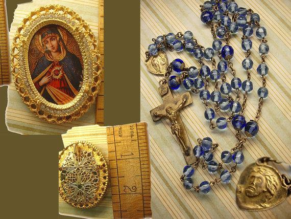 Antique Rosary Vintage Sacred Heart pendant brooch