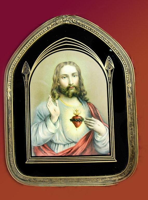 Antique Art deco Reverse painted Sacred Heart Jesus framed in art Deco ornate religious wood frame