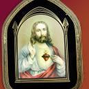 Antique Art deco Reverse painted Sacred Heart Jesus framed in art Deco ornate religious wood frame