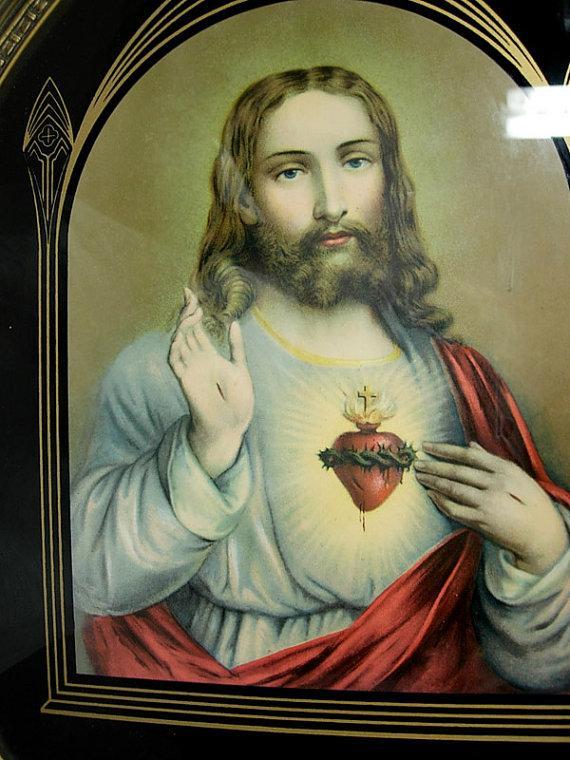 Antique Art deco Reverse painted Sacred Heart Jesus framed in art Deco ornate religious wood frame
