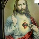 Antique Art deco Reverse painted Sacred Heart Jesus framed in art Deco ornate religious wood frame