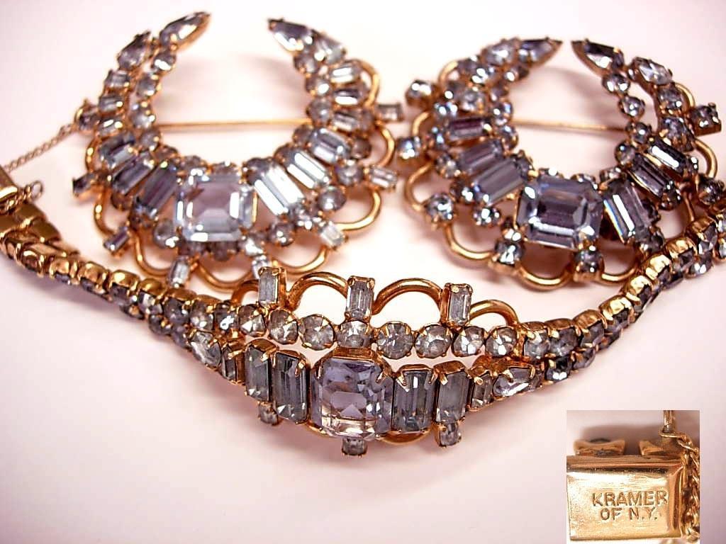 Kramer Alexandrite SIgned Bracelet 2 brooch set GORGEOUS vintage demi parure