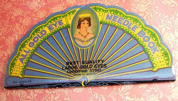 Antique Victorian Fan Needlecase Queen with jewels and crown and angel needlebook Japan