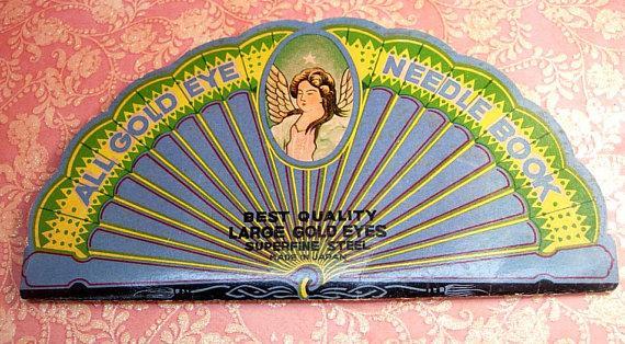 Antique Victorian Fan Needlecase Queen with jewels and crown and angel needlebook Japan