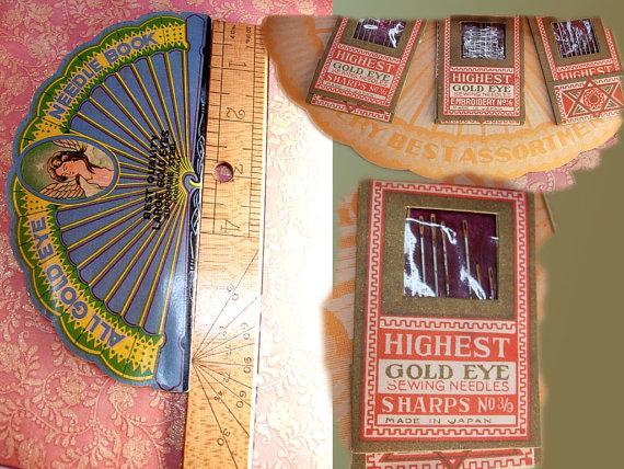 Antique Victorian Fan Needlecase Queen with jewels and crown and angel needlebook Japan