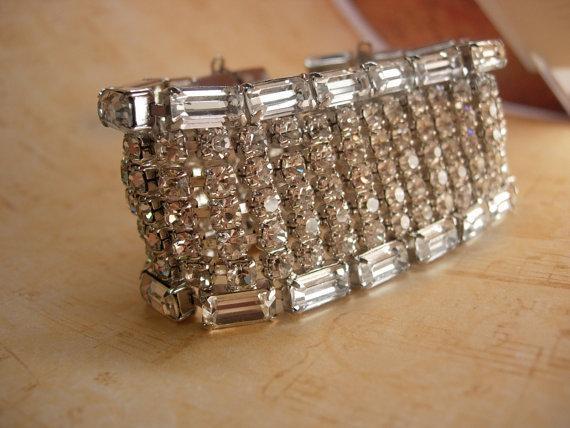 Vintage 7 row bracelet BRILLIANT Baguette Rhinestones Showstopper bracelet LOADED with glass stones