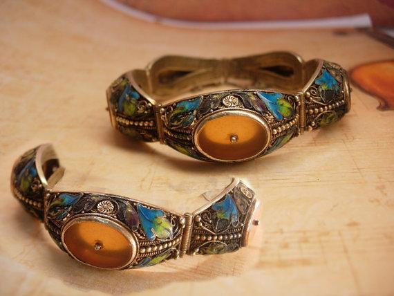 Antique Chinese enamel Bracelet With camphor glass inserts peacock colored enamel