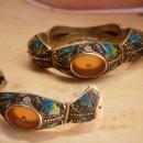 Antique Chinese enamel Bracelet With camphor glass inserts peacock colored enamel