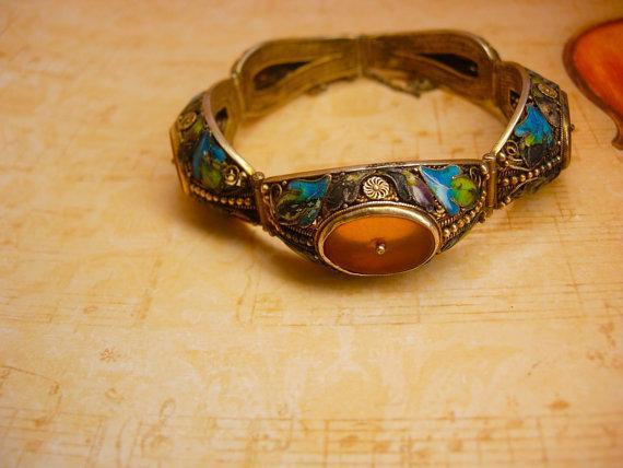 Antique Chinese enamel Bracelet With camphor glass inserts peacock colored enamel