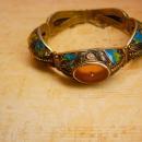 Antique Chinese enamel Bracelet With camphor glass inserts peacock colored enamel