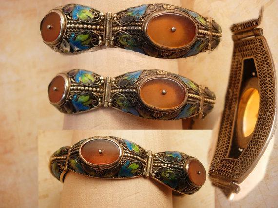 Antique Chinese enamel Bracelet With camphor glass inserts peacock colored enamel