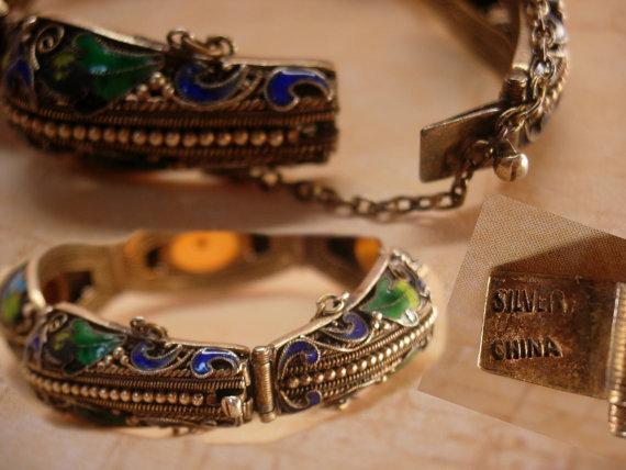 Antique Chinese enamel Bracelet With camphor glass inserts peacock colored enamel