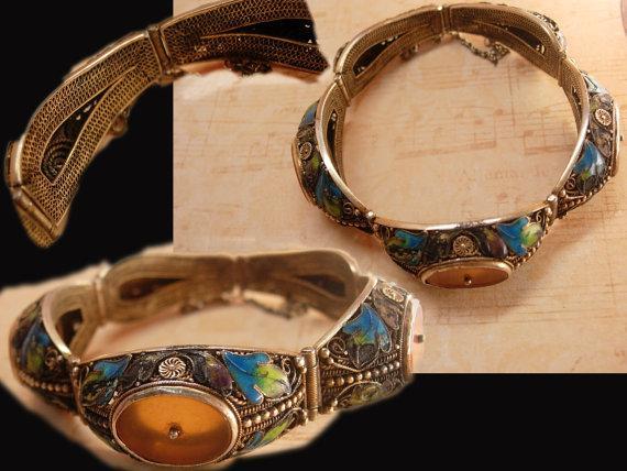 Antique Chinese enamel Bracelet With camphor glass inserts peacock colored enamel