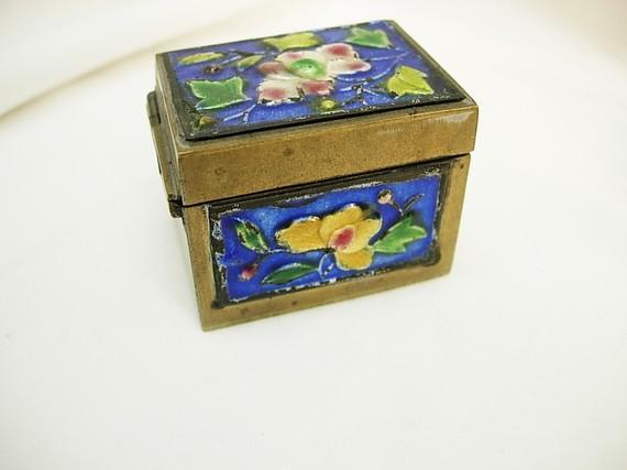 Antique Enamel Stamp Box with hinged lid and cobalt and yellow flowers