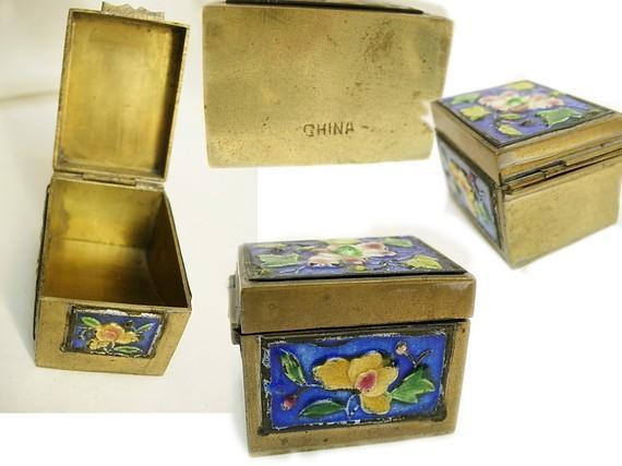 Antique Enamel Stamp Box with hinged lid and cobalt and yellow flowers