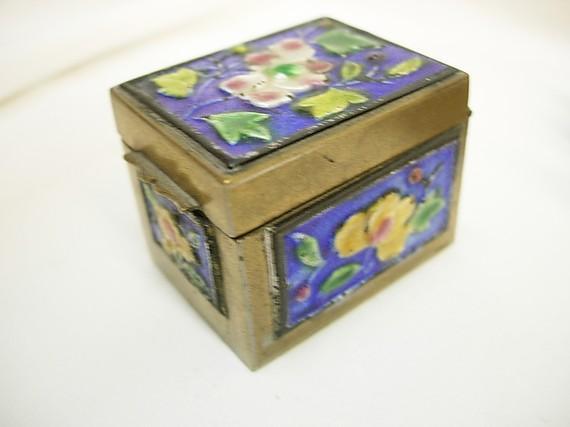 Antique Enamel Stamp Box with hinged lid and cobalt and yellow flowers