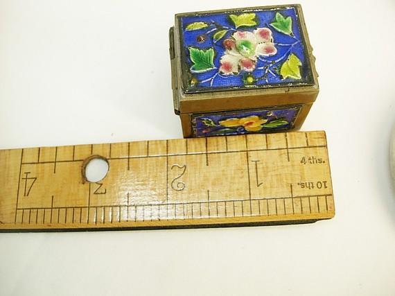 Antique Enamel Stamp Box with hinged lid and cobalt and yellow flowers