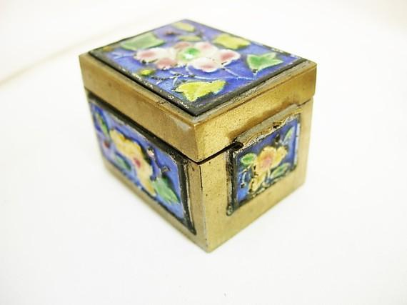 Antique Enamel Stamp Box with hinged lid and cobalt and yellow flowers