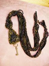 Gothic Spider necklace woven textiles in peacock colors and skeleton key