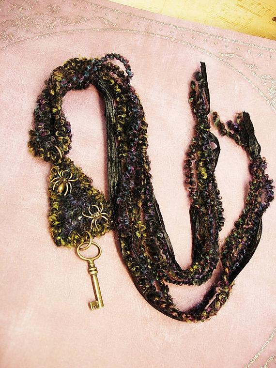 Gothic Spider necklace woven textiles in peacock colors and skeleton key