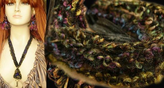 Gothic Spider necklace woven textiles in peacock colors and skeleton key
