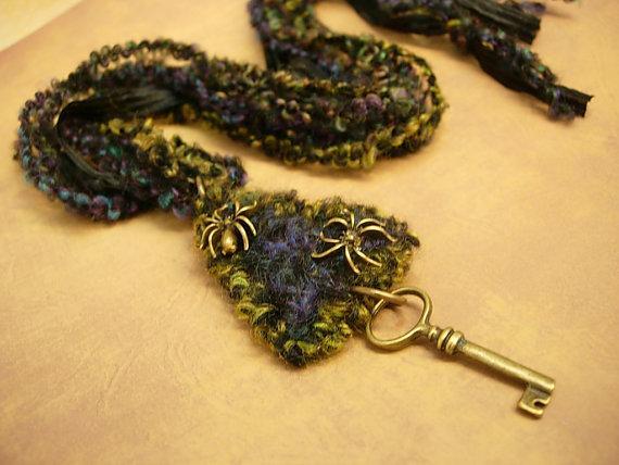 Gothic Spider necklace woven textiles in peacock colors and skeleton key