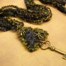 Gothic Spider necklace woven textiles in peacock colors and skeleton key