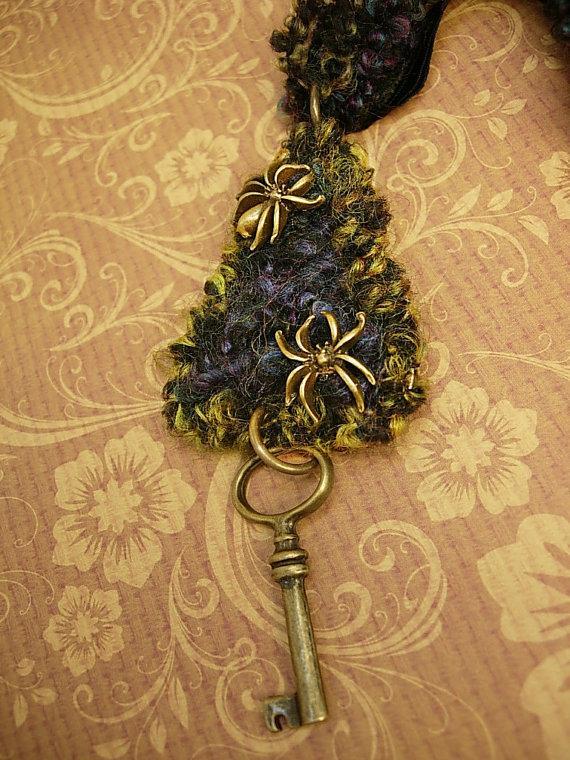 Gothic Spider necklace woven textiles in peacock colors and skeleton key
