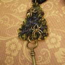 Gothic Spider necklace woven textiles in peacock colors and skeleton key