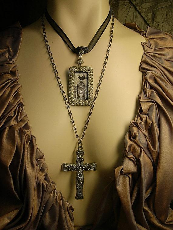 Gothic Raven & Victorian cross necklace Haunting paste rhinestones sterling chain black ribbon