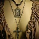 Gothic Raven & Victorian cross necklace Haunting paste rhinestones sterling chain black ribbon