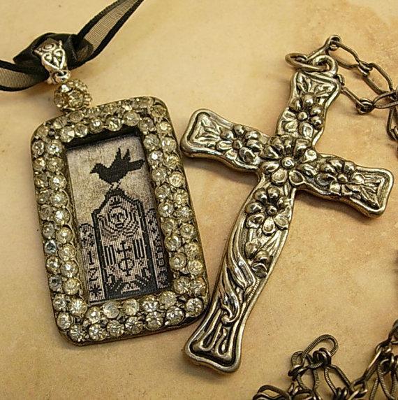 Gothic Raven & Victorian cross necklace Haunting paste rhinestones sterling chain black ribbon