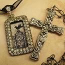 Gothic Raven & Victorian cross necklace Haunting paste rhinestones sterling chain black ribbon