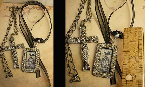 Gothic Raven & Victorian cross necklace Haunting paste rhinestones sterling chain black ribbon