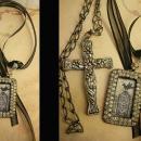 Gothic Raven & Victorian cross necklace Haunting paste rhinestones sterling chain black ribbon