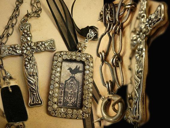Gothic Raven & Victorian cross necklace Haunting paste rhinestones sterling chain black ribbon
