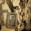Gothic Raven & Victorian cross necklace Haunting paste rhinestones sterling chain black ribbon