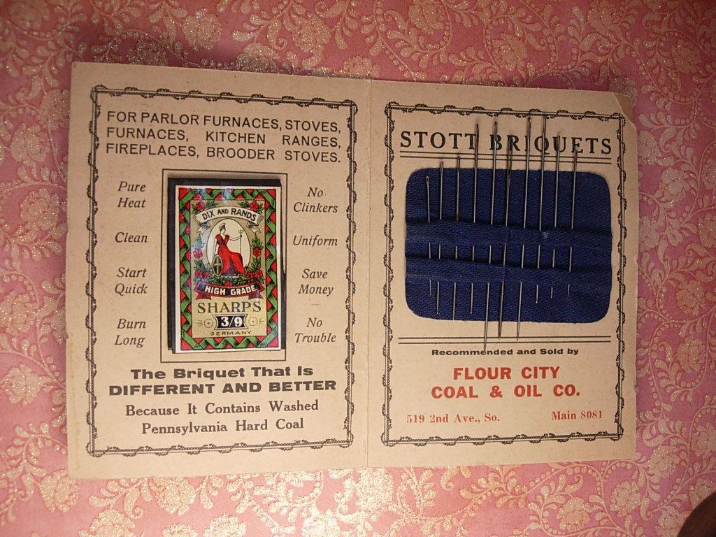 1930s Advertising Needlecase Stott Briquets Needlebook COMPLETE with all original needles