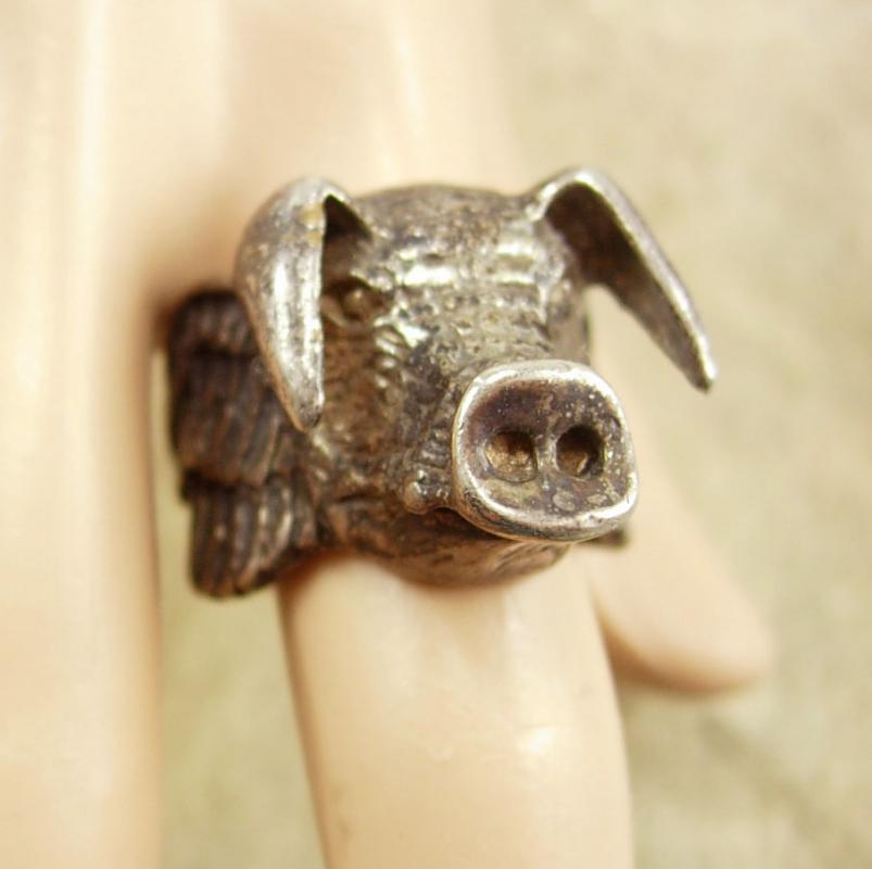 14gm STERLING Ring bizarre WILD BOAR PIG figural wings