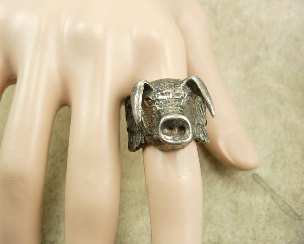 14gm STERLING Ring bizarre WILD BOAR PIG figural wings