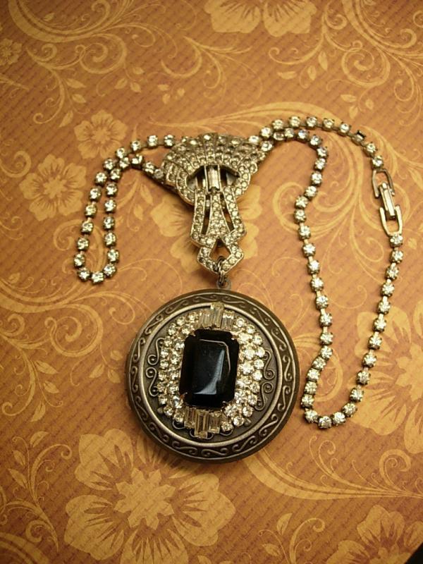 Flapper Locket NEcklace Jeweled top Art deco Paste