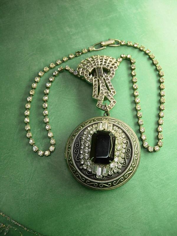 Flapper Locket NEcklace Jeweled top Art deco Paste