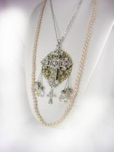 Romantic Gothic Rosary Necklace Long wedding Pearls and glass prism drops chandelier renaissance